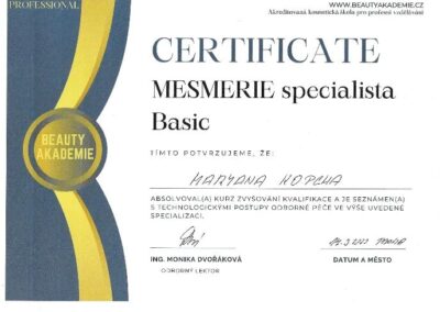 Certifikát Mesmerie specialista Basic